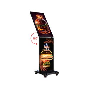 LED poster display with 180 degree foldable screen showing double sided digital signage