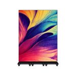 LED poster display showing a vibrant abstract image on a freestanding digital screen.
